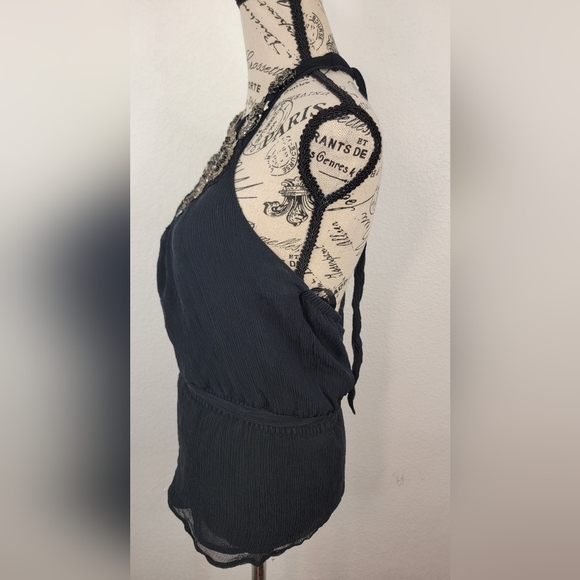 Bebe Halter Top Small 100% Silk Embellished Belted Open Back Black - Picture 4 of 8